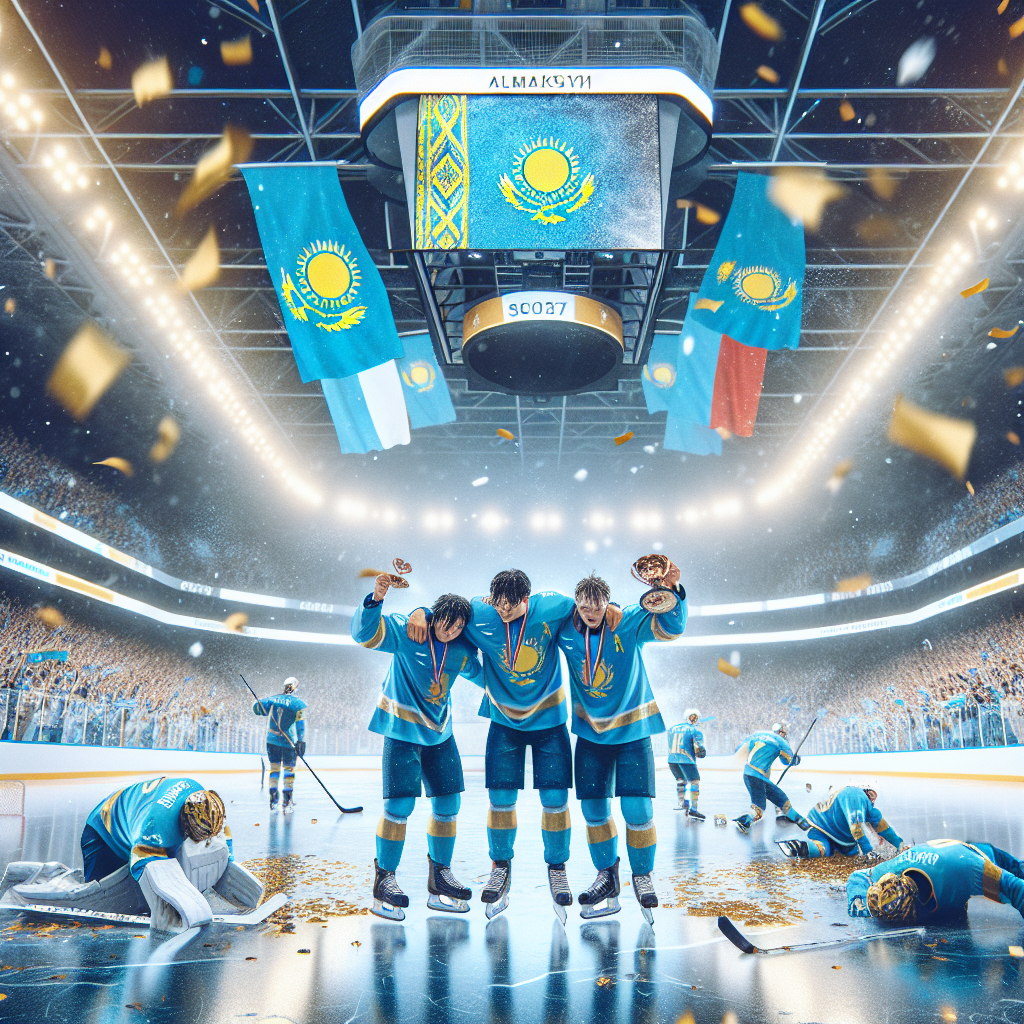 Казахстанские хоккеисты празднуют бронзу домашнего чемпионата Азии в Алма-Ате, 2025